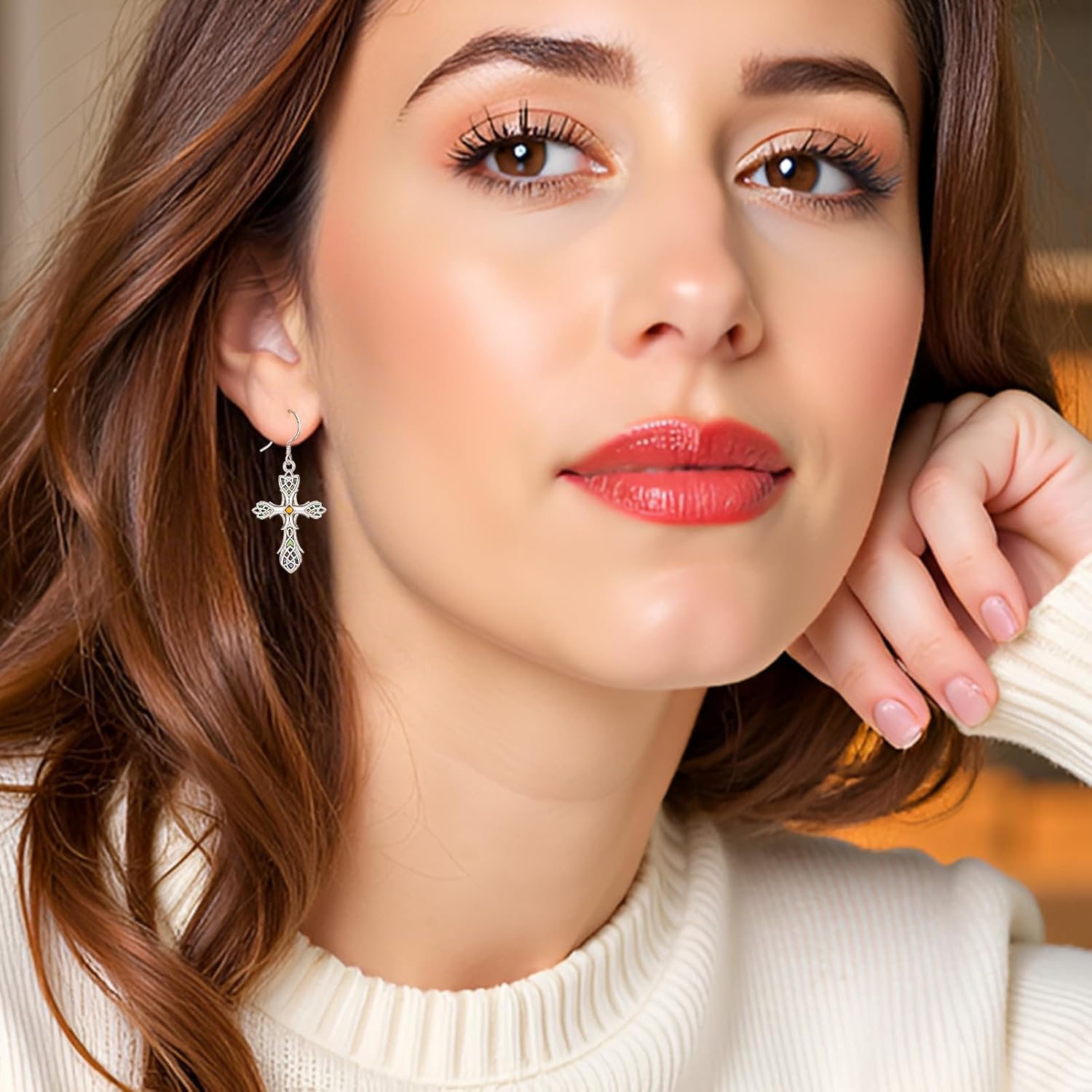 Celtic Earrings Gifts for Women Sterling Silver Cross Celtic Knot Irish Dangle Earrings with Mustard Seeds Abalone Jewelry