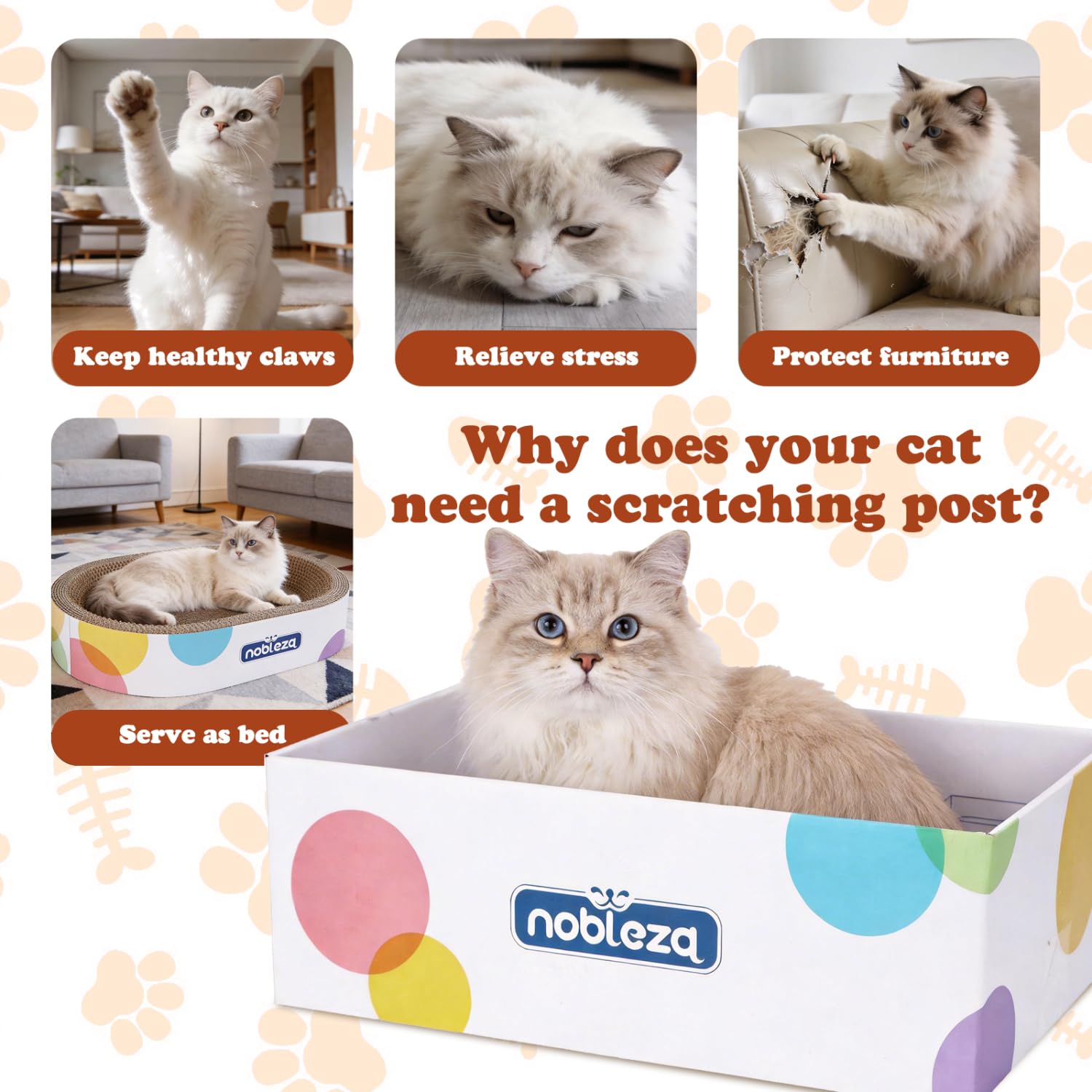 Nobleza 4-in-1 Kratzbrett für Katzen aus Wellpappe, Inklusive ovalem Kratzbett, flachem Kratzbrett, Karton, Spielzeugbällen und Katzenminze