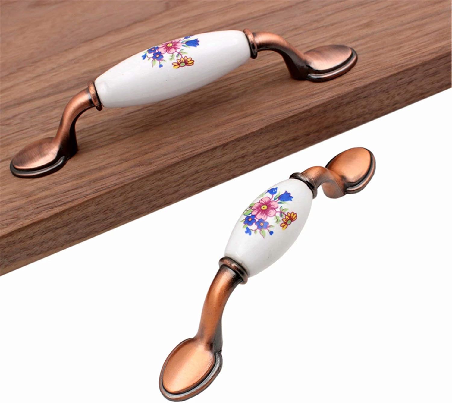 Set of 10 Classic Blue and Pink Flower Bronze Antique Ceramic Knobs - Hand-Painted Flower Door knob Handmade Kitchen Cupboard & Drawer Knobs - Cabinet Pulls/Handle