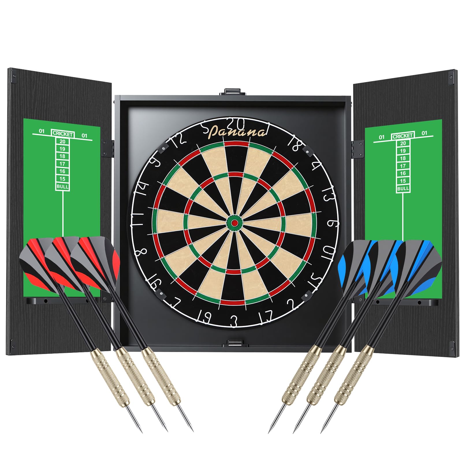 Panana Tournament Model Sisal Dart Board for Competitive Indoor Play with Staple-Free Bullseye Premium Type Self-Healing Dartboard Kit (Cabinet Set & Darts)