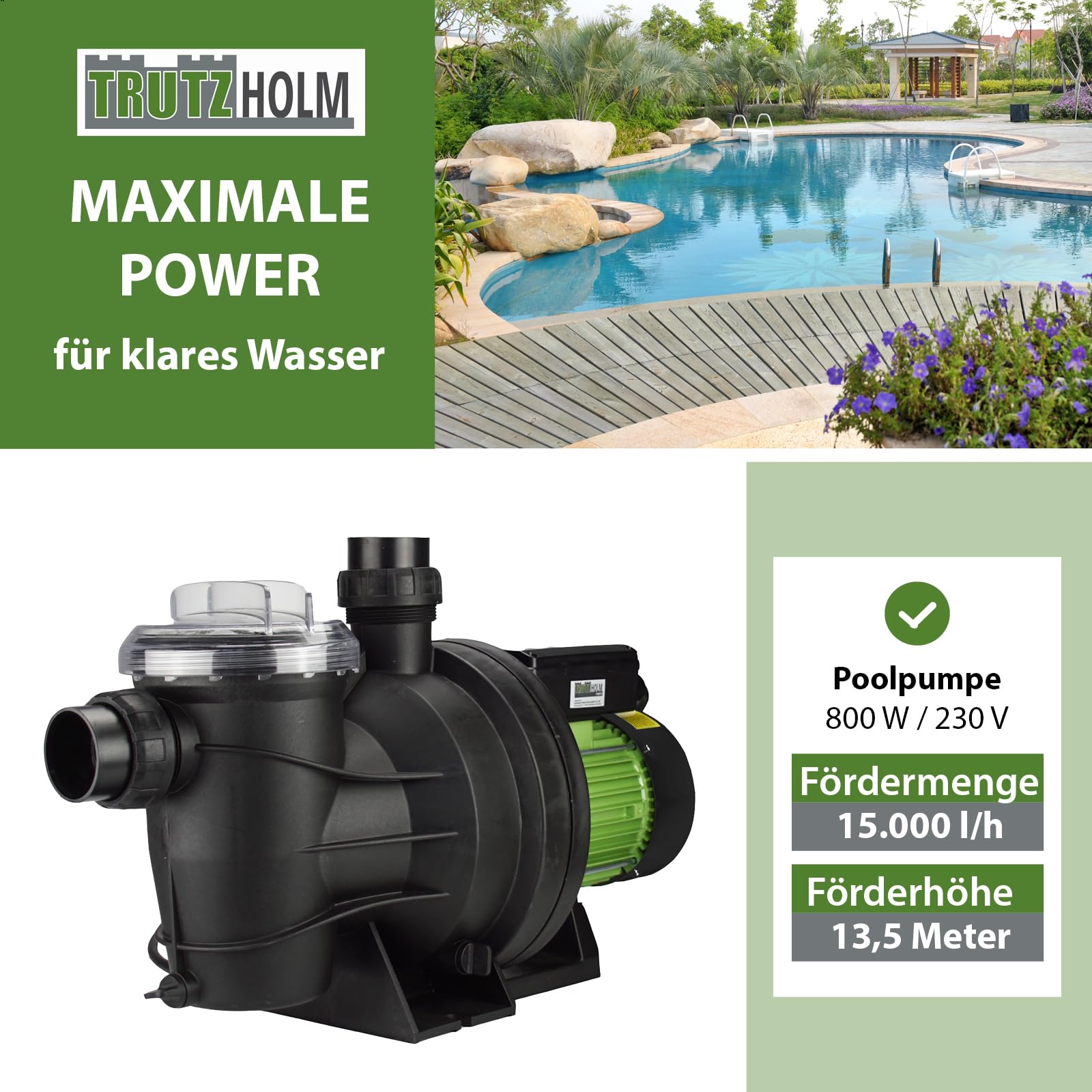 TRUTZHOLM Schwimmbadpumpe Poolpumpe Filterpumpe Umwälzpumpe Pumpe 550W 10.000 l/h oder 800W 15.000 l/h für Pools mit 30.000 Litern oder 45.000 Litern (800W / 15m³l/h)