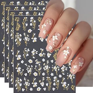Flower Nail Art Stickers Gold-Gilding Small White Flowers Branches Nail Stickers 4Pcs Self-Adhesive Nail Decals Nail Art Supplies White Flowers Design for Women Spring Summer Nail Decoration