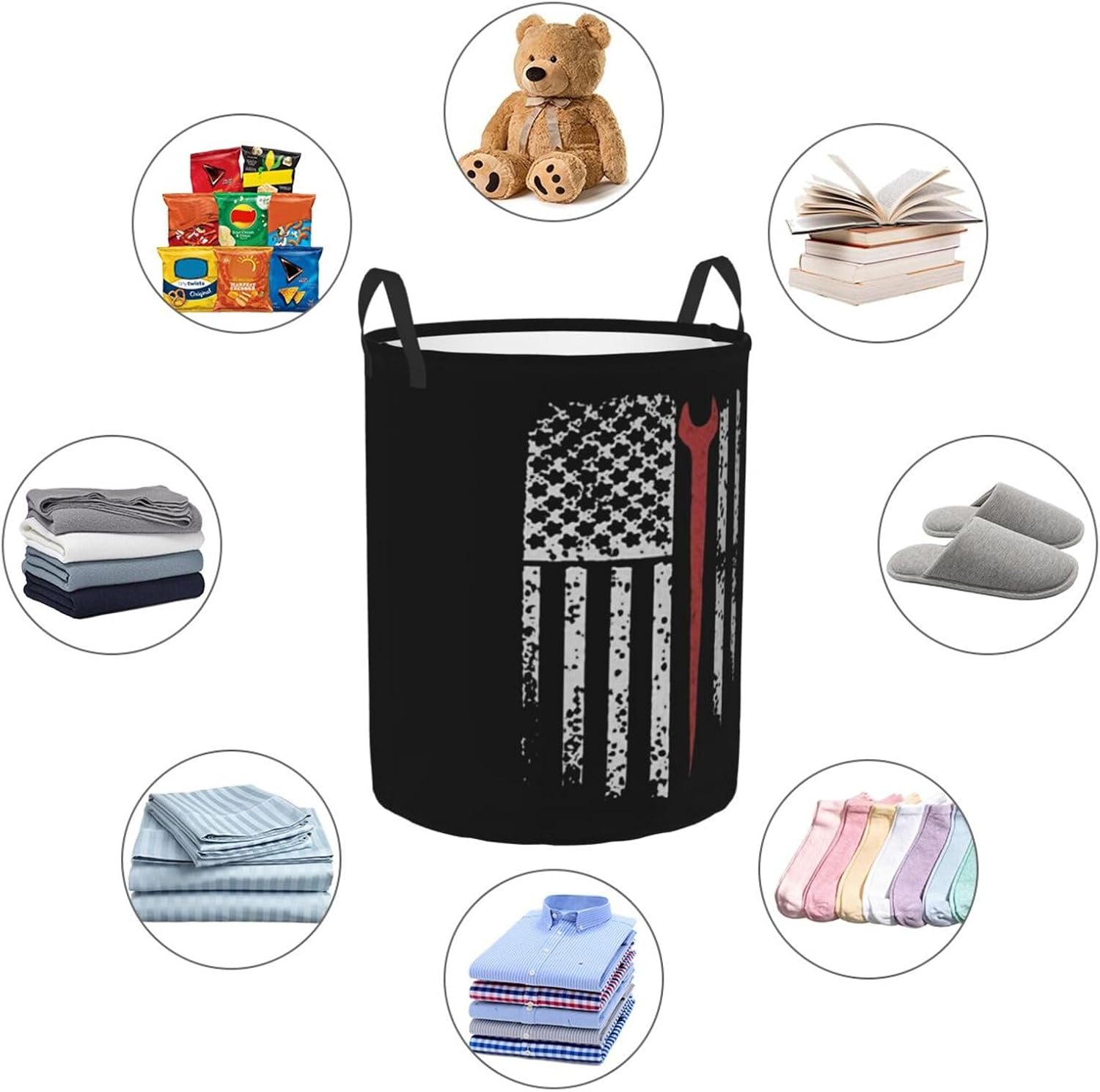 Ironworker American Flag Large Laundry Basket,Bathroom,Waterproof,Collapsible Round Clothes Basket Freestanding Laundry Hamper