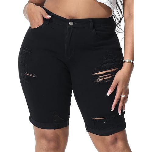 Womens Plus Size Jean Shorts High Waisted Stretchy Midi Bermuda Denim Shorts