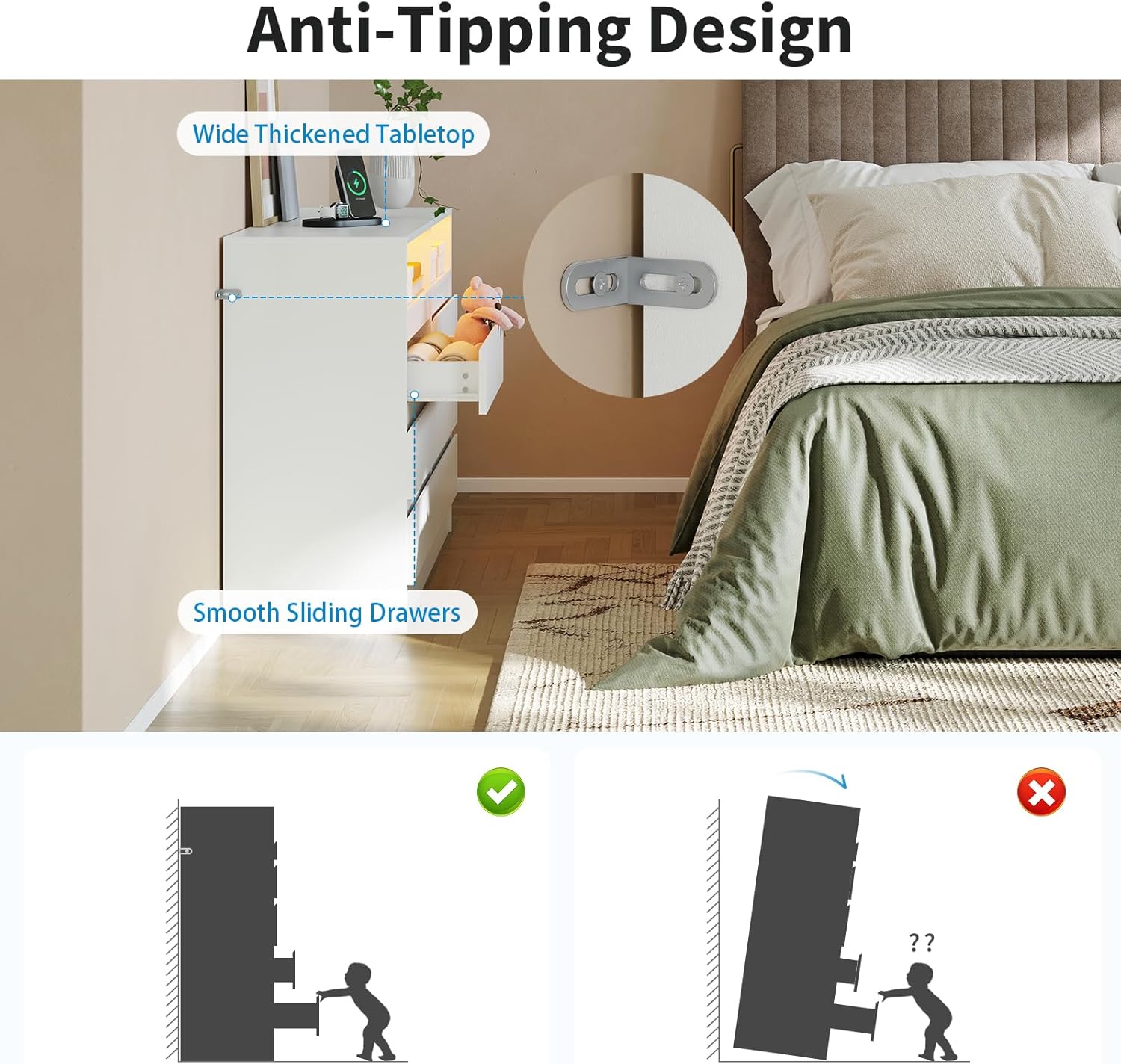 Image showing the anti-tipping device installation and a diagram illustrating the danger of an unsecured dresser tipping over versus a secured one.