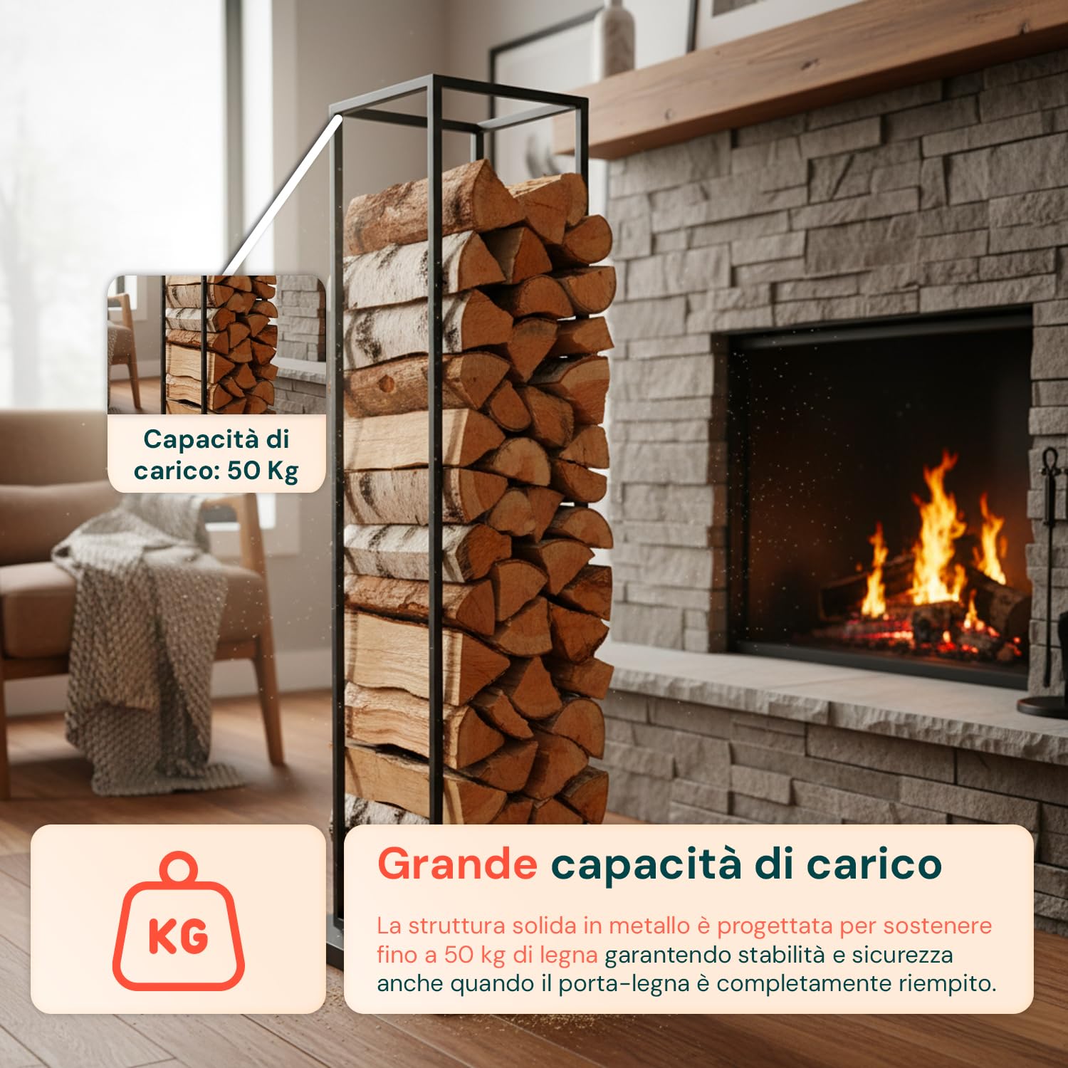 Avilia – Portalegna da Interno in Metallo 33×33×115 cm per Camino e Stufa, Design Verticale Salvaspazio, Facile da Montare e Ultra-Resistente, Ideale per Riporre Legna da Ardere