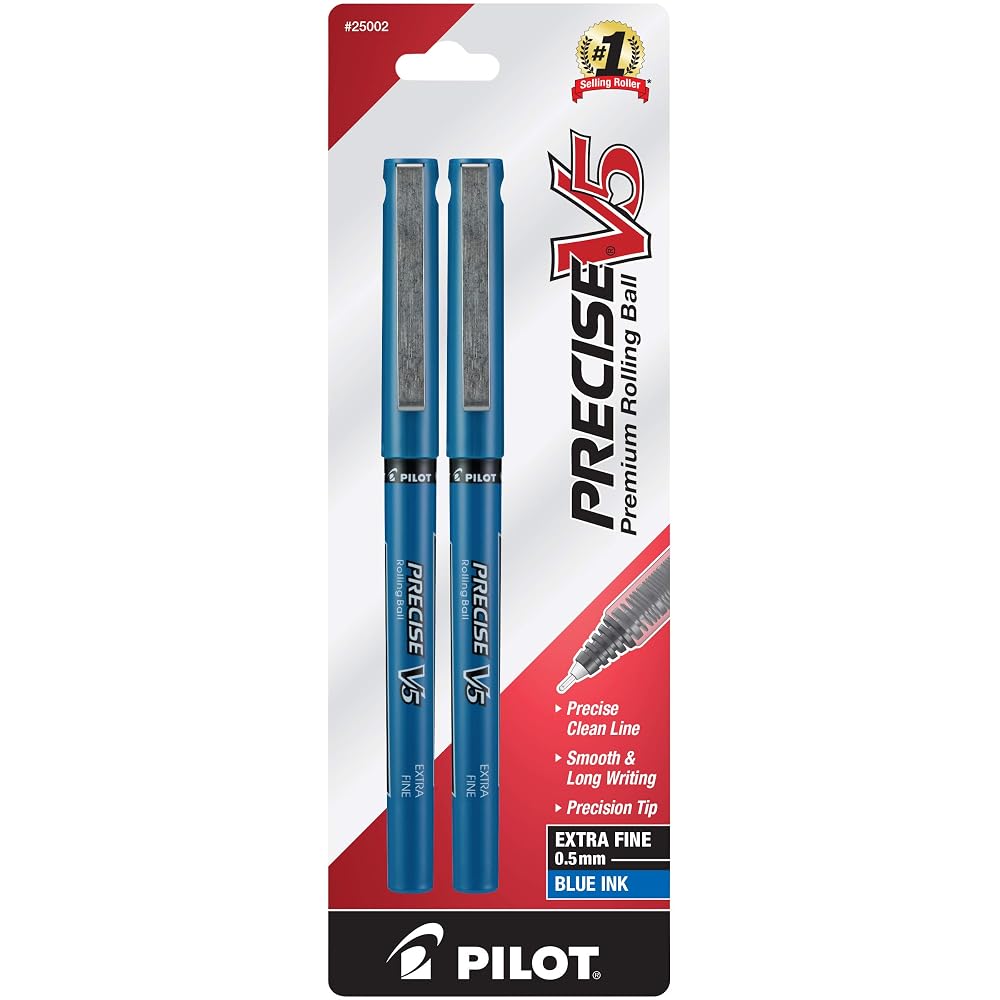 PILOT Precise V5 Stick Liquid Ink Rolling Ball Stick Pens, Extra Fine Point (0.5mm) Blue Ink, 2-Pack (25002)