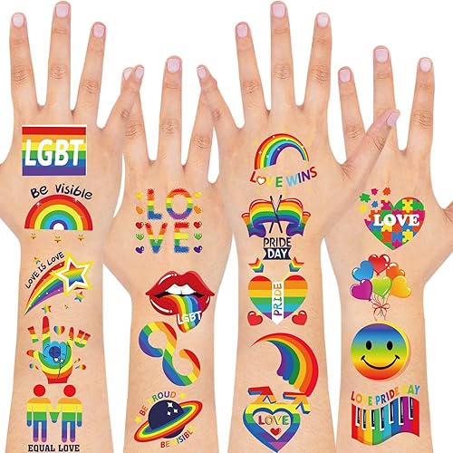 Miniatura 3 de HOWAF Gay Pride Tattoos LGBT Rainbow - Adhesivo temporal de tatuajes, 48 diseños, 96 unidades, calcomanías de tatuajes de corazón de arco iris,