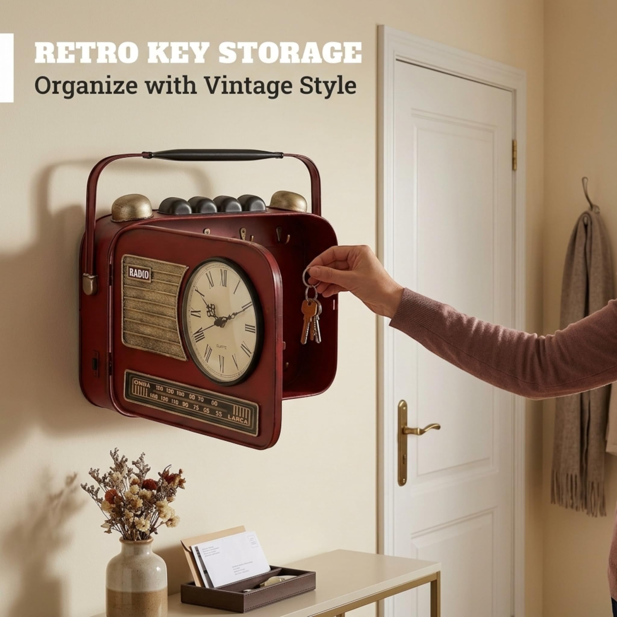 MIJOMA Schlüsselkasten Retro-Radio mit Uhr 28x29x7 cm – Metall für Wandmontage – dekorative Aufbewahrung im Vintage Stil für Flur Eingangsbereich