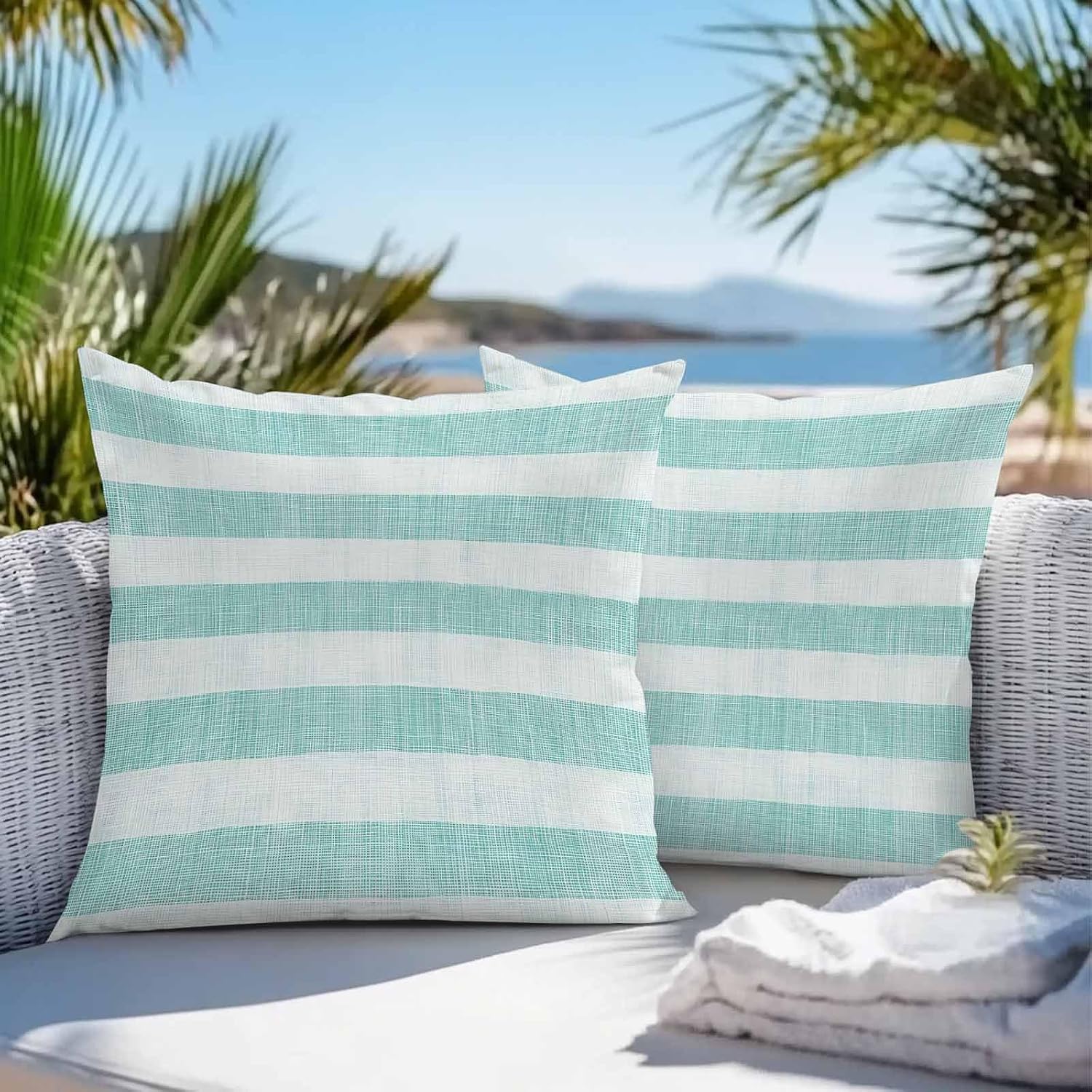 Pack of 2 Waterproof Outdoor Pillow Covers 24x24 Inch Decorative Pillow Covers Aqua Striped Throw Pillowcases Rustic Farmhouse Stripes Outdoor Cushion Cover for Couch, Patio, Tent