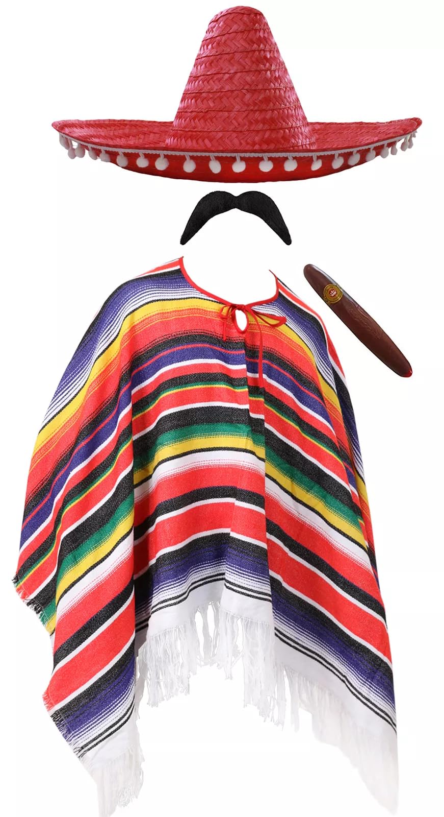 Adults Mexican Costume - Multicoloured Poncho with Tasselled Edges, Red Sombrero, Fake Cigar, Fake Moustache - Mens Ladies Mexico Cinco de Mayo Fancy Dress Costume