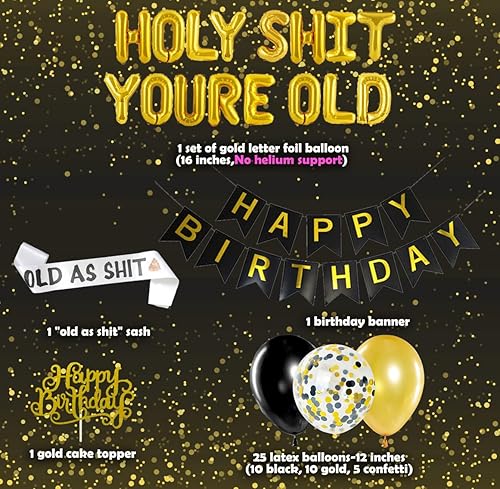 Miniatura 6 de Holy Shit You're Old Banner para decoración de cumpleaños para hombres, banda de mierda negra y dorada, globos de papel de aluminio de confeti de
