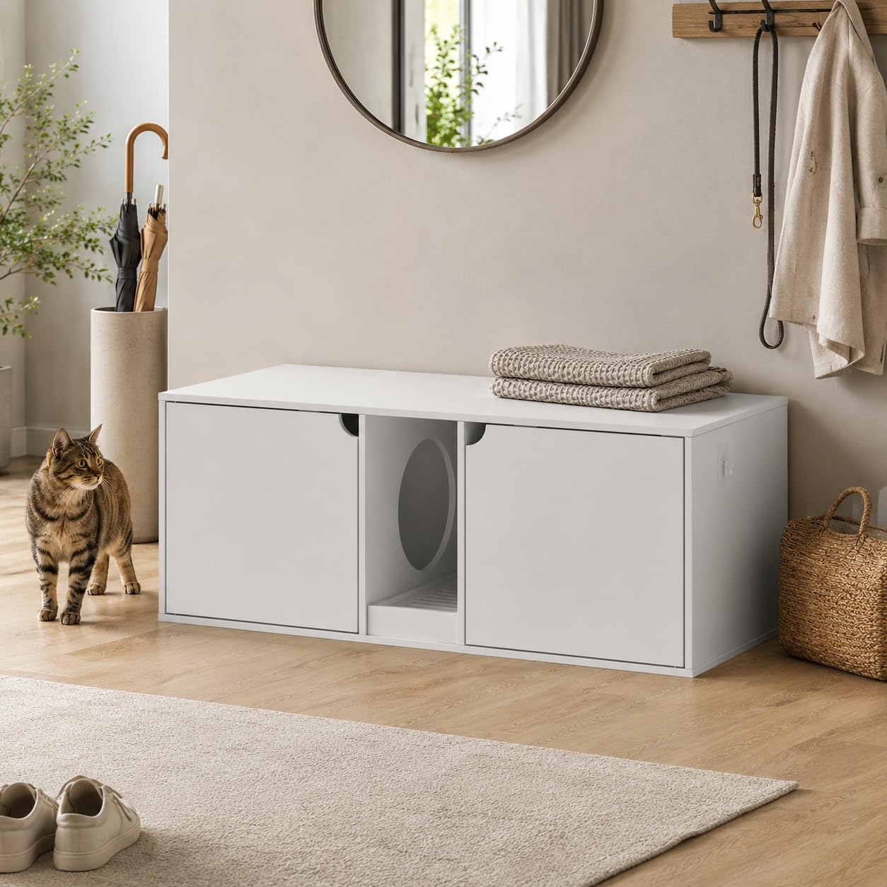 Katzenklo Schrank 110 cm Weiß Katzentoilette Möbel mit 2 Türen