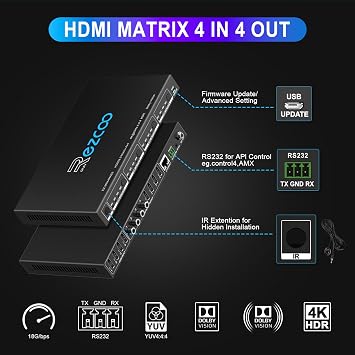 4K@60Hz HDMI Matrix 4X4 HDR Coaxial Audio Breakout - HDCP 2.2 HDMI 2.0 Matrix 4x4 18Gbps with IR Receiver Remote, IP control, RS232, Scaler 4K to 1080P EDID Manage MX44-HAS2