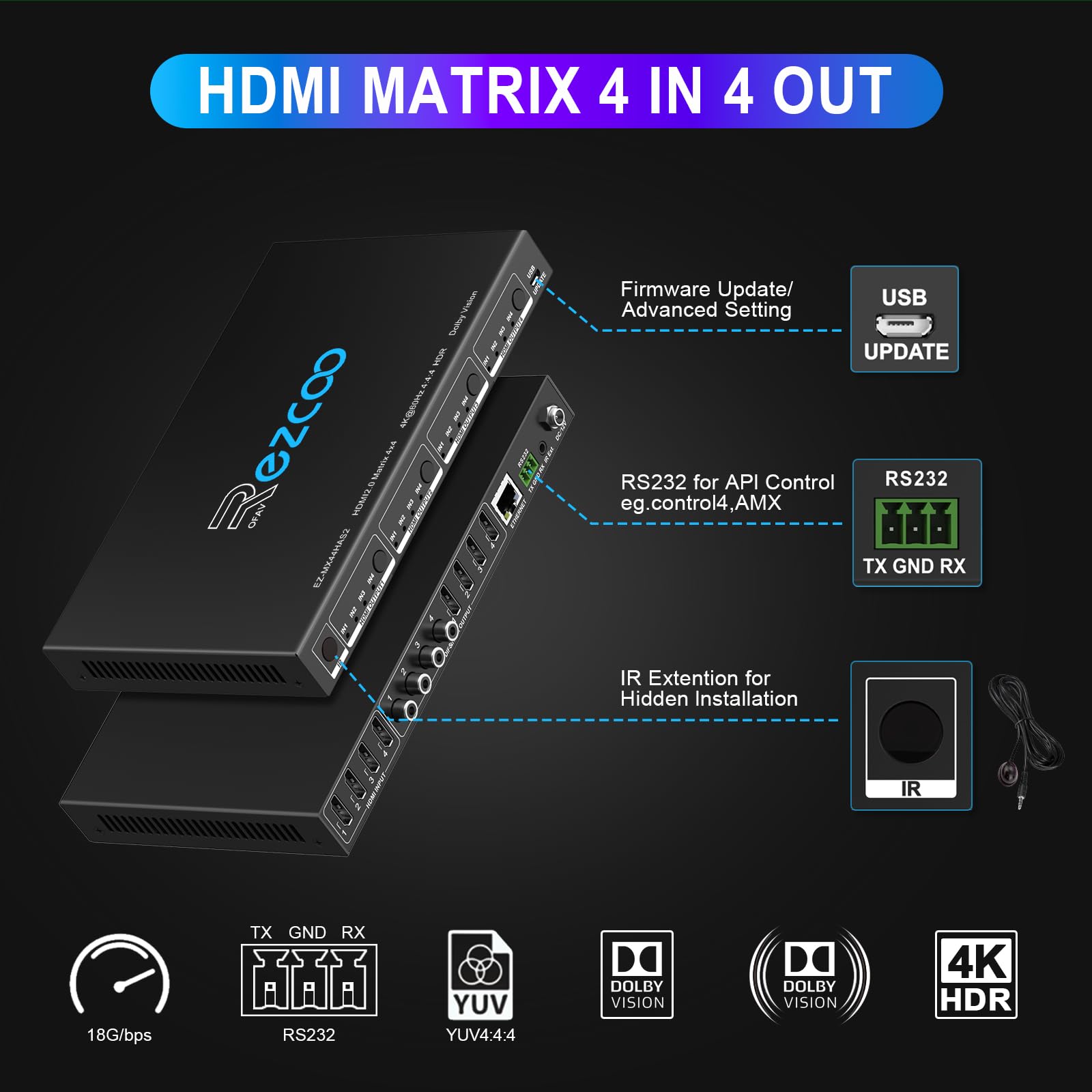 4K @ 60Hz HDMI Matrix 4X4 HDR coassiale Audio Breakout - HDCP 2.2 HDMI 2.0 Matrix 4x4 18Gbps con telecomando ricevitore IR, controllo IP, RS232, Scaler 4K a 1080P EDID Gestione MX44-HAS2