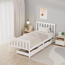 WestWood Wooden Single Bed Frame with Storage Drawers, Sturdy Bed Base for Kids Adults, With Footboard, Wood Bed Frame Without Mattress White