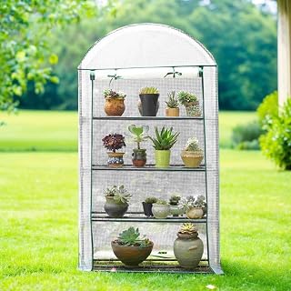 4-Tier Mini Greenhouse, Portable Green House with Roll-Up Zipper Door Clear PE Replacement Cover, Greenhouse Plant Rack Stand for Gardening Warm House Growing Plants and Storage