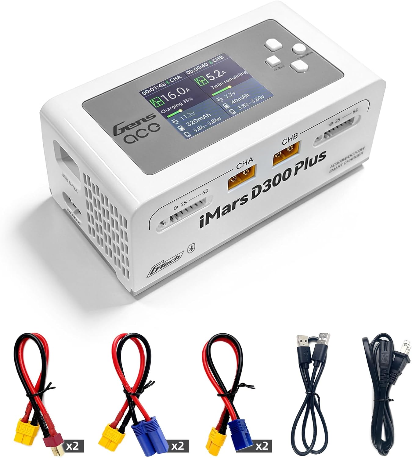 Gens Ace iMARS D300 Plus Lipo Battery Charger Dual Lipo Charger 16A AC 300W DC 700W Bluetooth App Controlled Smart Fast Balance Charger for RC 1S~6S Lipo/LiHV/Life/Li-Ion/NiMH Batteries (White)