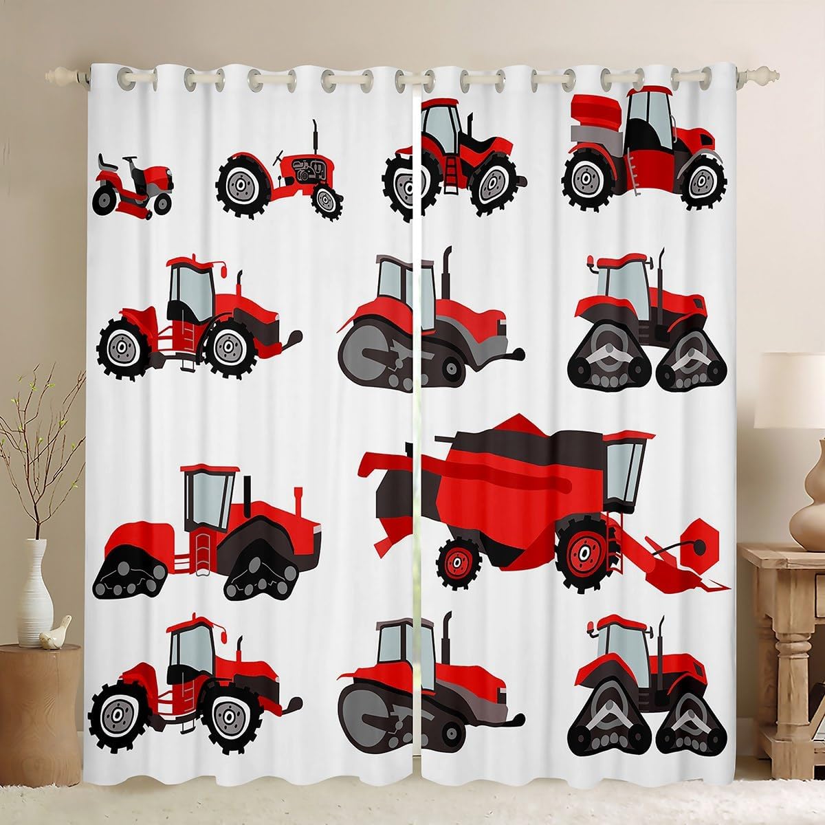 Feelyou Red Tractor Curtains Heavy Equipment Window Curtains for Bedroom Living Room for Kids Boys Girls Harvester Tractor Window Drapes Farm Equipment Window Treatments 42W X 84L,2 Panels