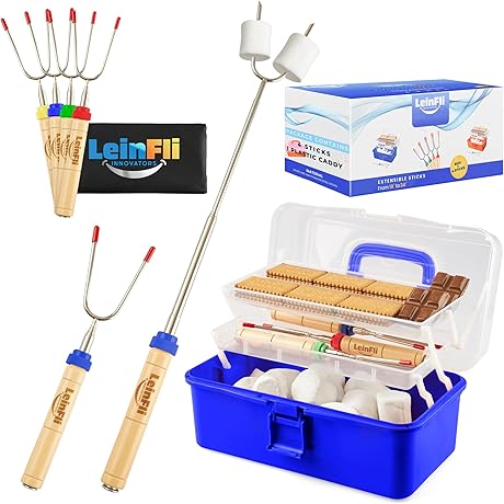 Folding Smores Caddy for Fire Pit - Camping Duo Trays and Extendable S'mores Sticks