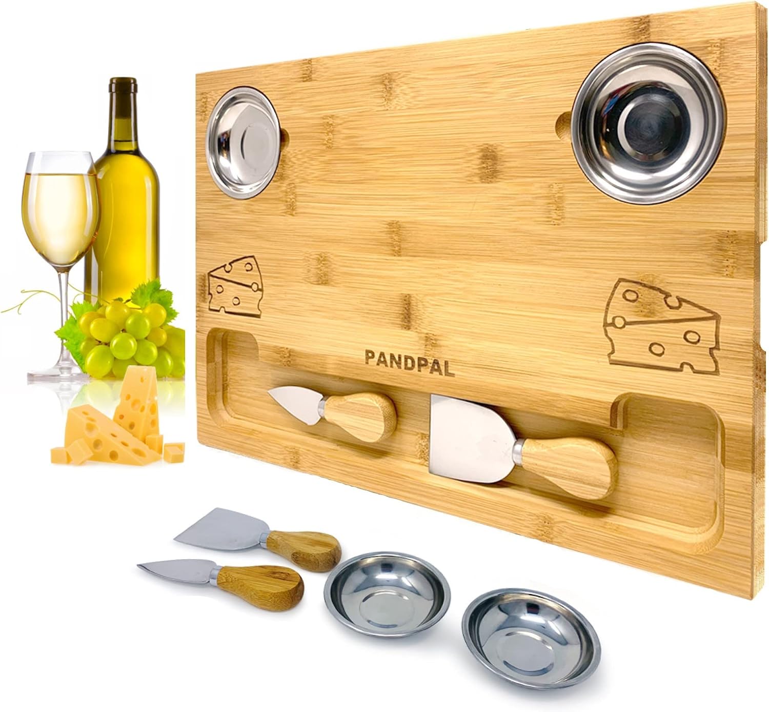 Bamboo Cheese Board Set, Charcuterie Food Serving Tray - Included Stainless Steel Knives & Bowls, Extra Large [16x11x1] Wooden Cutting Board Platter for Wine, Cracker, Brie, Meat, Dip, Chip by PandPal