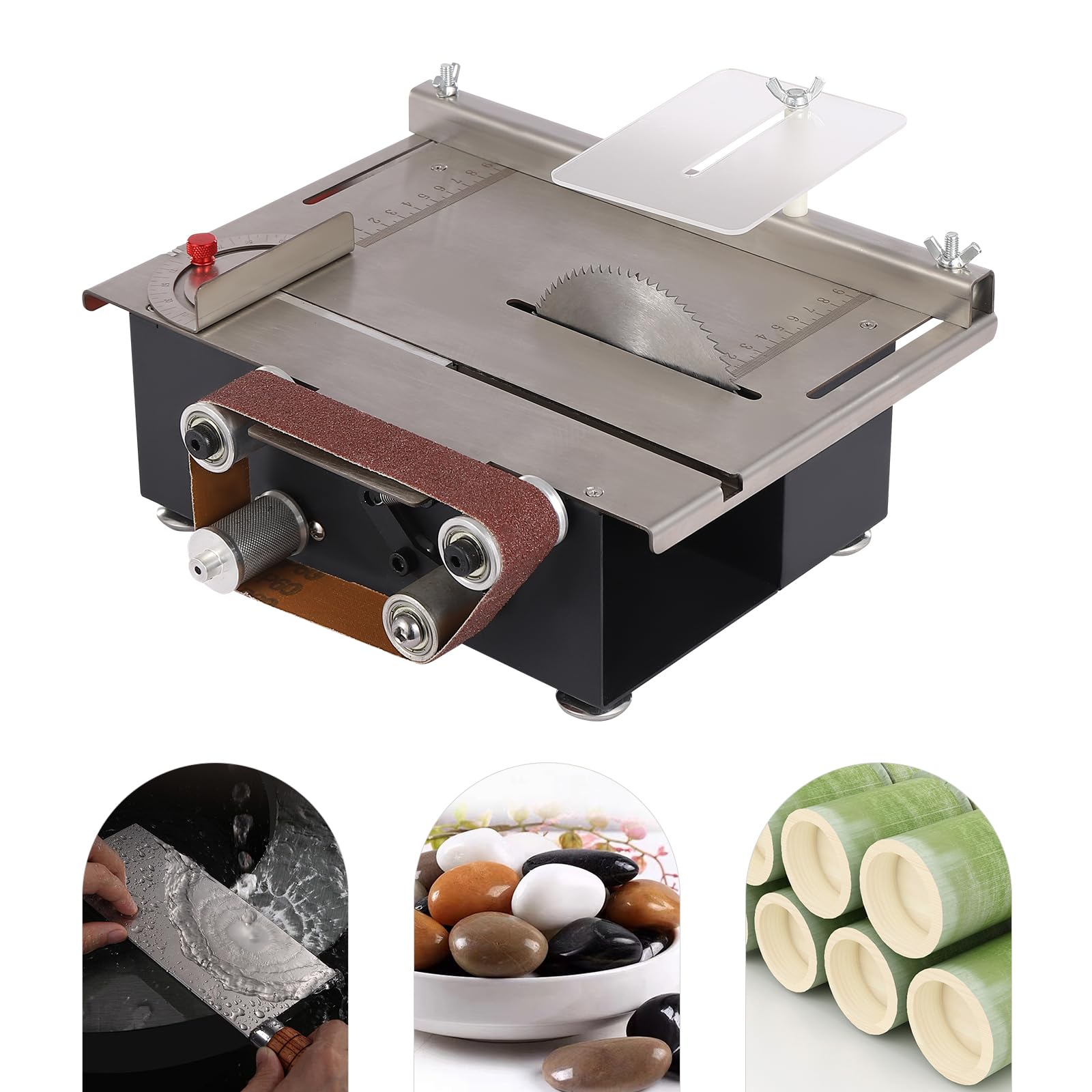 Sega circolare da banco Mini sega da tavolo 200W 7 velocità Sega circolare multifunzione Motore a doppio asse Profondità di taglio 33mm per DIY, legno, acrilico, PCB con smerigliatrice a nastro 4 lame