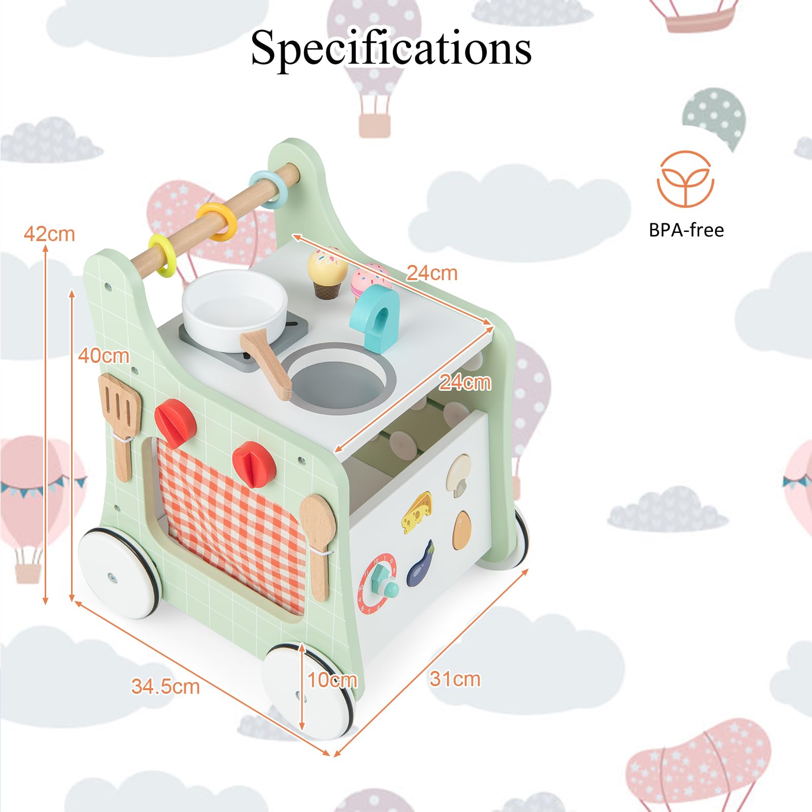 LIFEZEAL Lauflernwagen für Kinder ab 1 Jahren, Lauflernhilfe aus Holz, Baby Walker mit Spielküche & Rädern & Bauklötzen, Baby Aktivitätszentrum Set