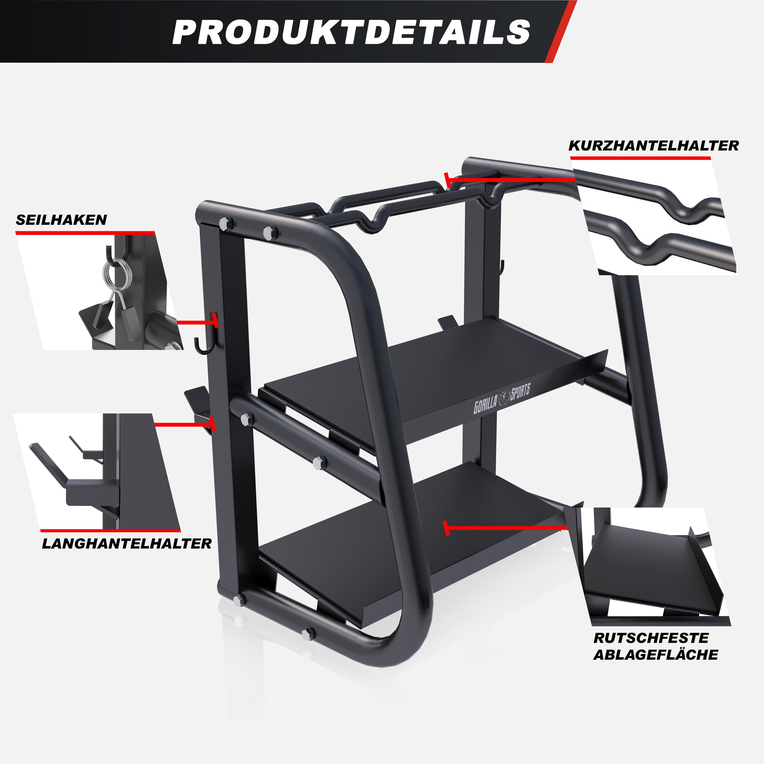 GORILLA SPORTS® Hantelständer - Multifunktional, 52x68,5x62 cm, Stahl, bis 300 kg Belastbar, Schwarz - Hantelablage, Kurzhantel, Langhantel Ablage, Kettlebell Ständer, Gewichtsständer