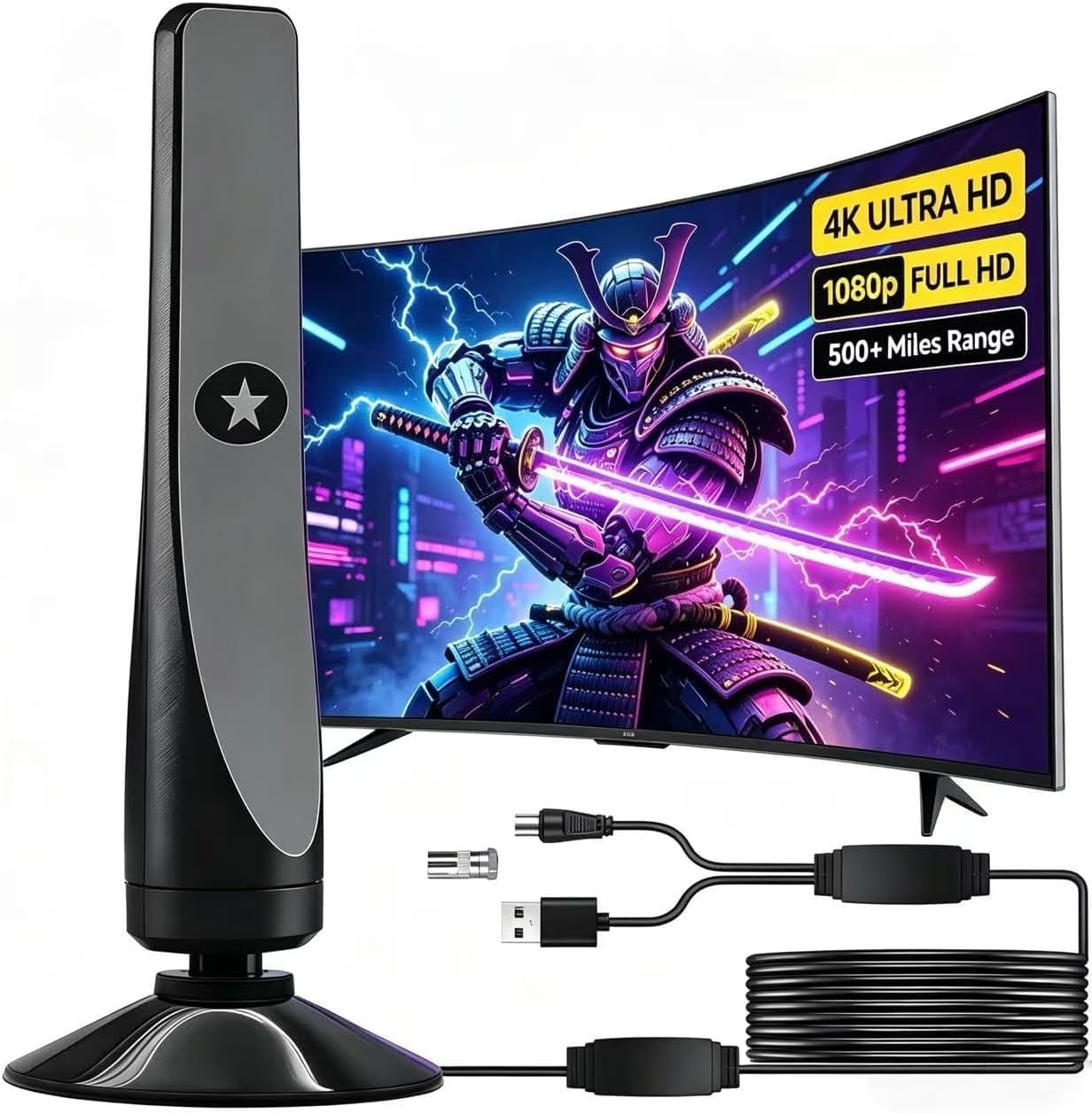 Indoor TV Aerial for Weak Signal Areas UK – 650+ Miles Digital TV Antenna with Smart IC Booster, 360° Omnidirectional Freeview Aerial, 10ft Cable, Suction Cup Base, 4K 1080P (Large)