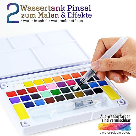Woohoo4u Aquarellfarbkasten Aquarell Farben Set Mit 36x Wasserfarben 8x Aquarellpapier 2x Wassertankpinsel 1x Mischplatte Reise Aquarell Kasten Set Malset Fur Kinder Premium 47er Set Amazon De Kuche Haushalt Wohnen