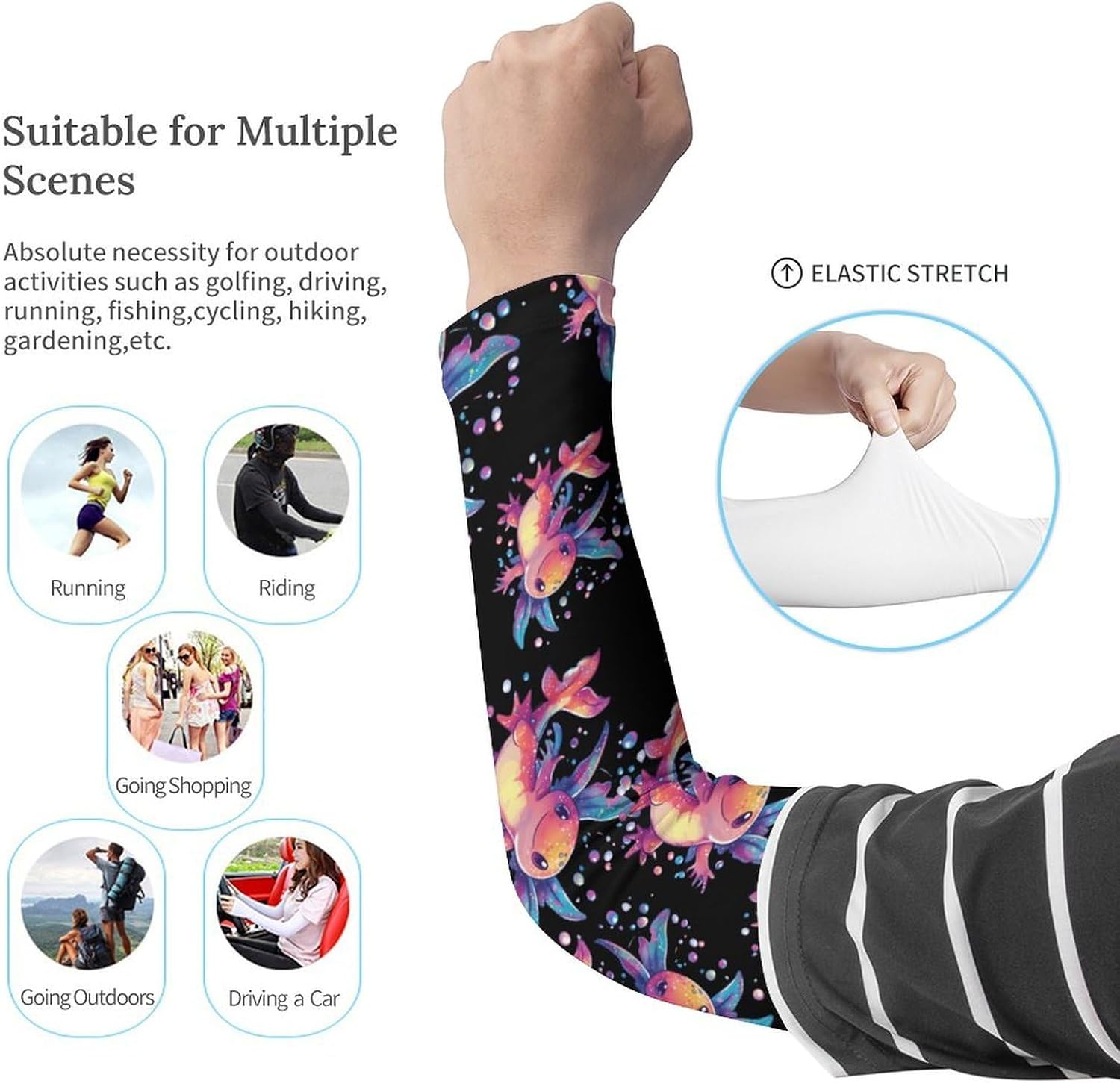 Cute Animal Colorful Axoltl Arm Sleeves Sun Protection Sleeves Sports Cooling Arm Compression Sleeve for Men Women