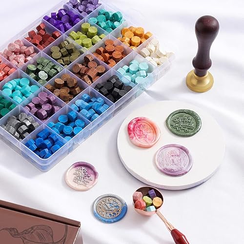 Miniatura 5 de Kit de sellos de cera, 624 piezas de sellos de cera con 24 colores, cera de sellado para sello de cera, cuchara de sellado de cera y 10 velas de té,