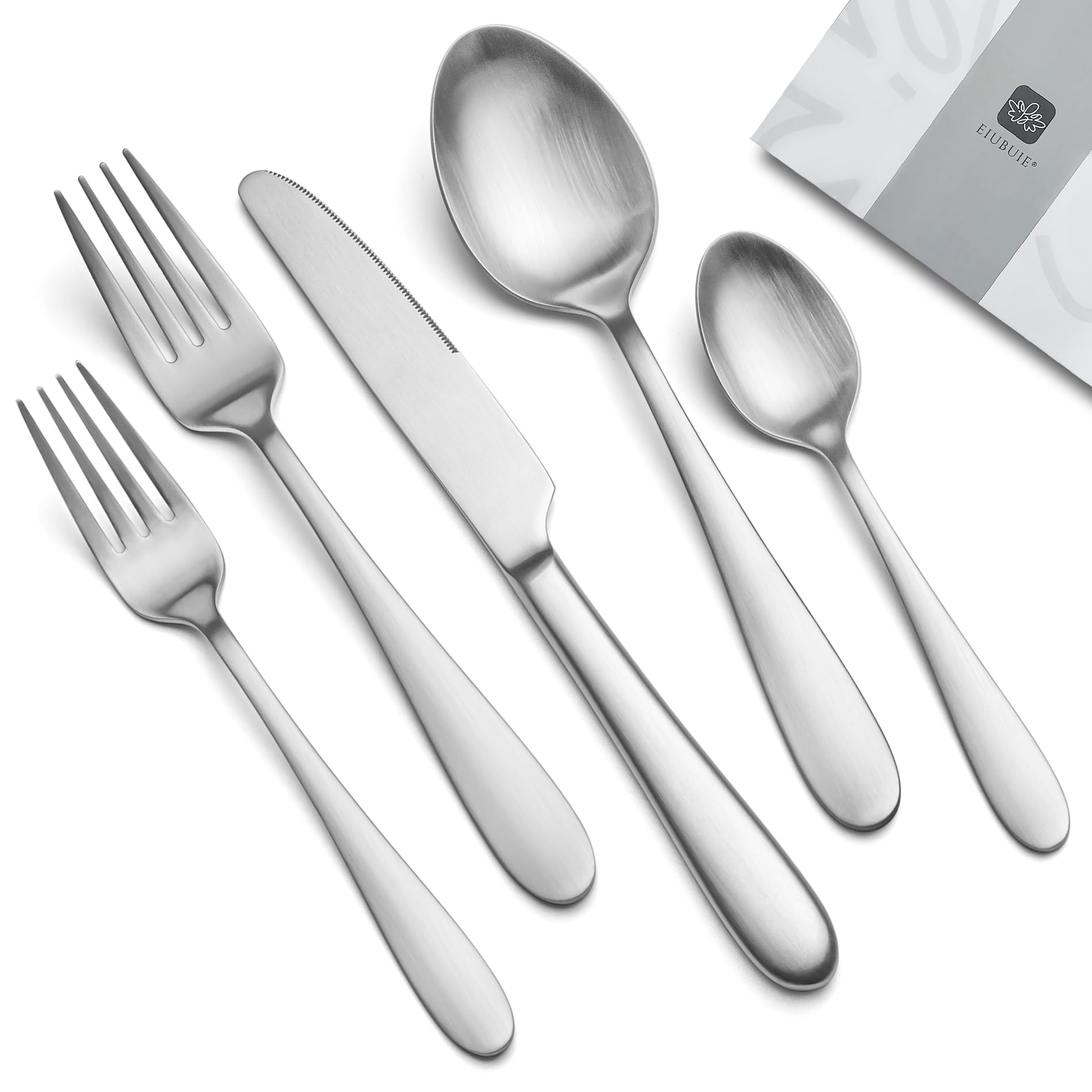 40 Piece Flatware Set For 8, EIUBUIE Premium Stainless Steel Silverware Set, Matte Finish Cutlery Durable Solid, Modern Kitchen Tableware Eating Utensil Sets Includes Spoons Forks Knives