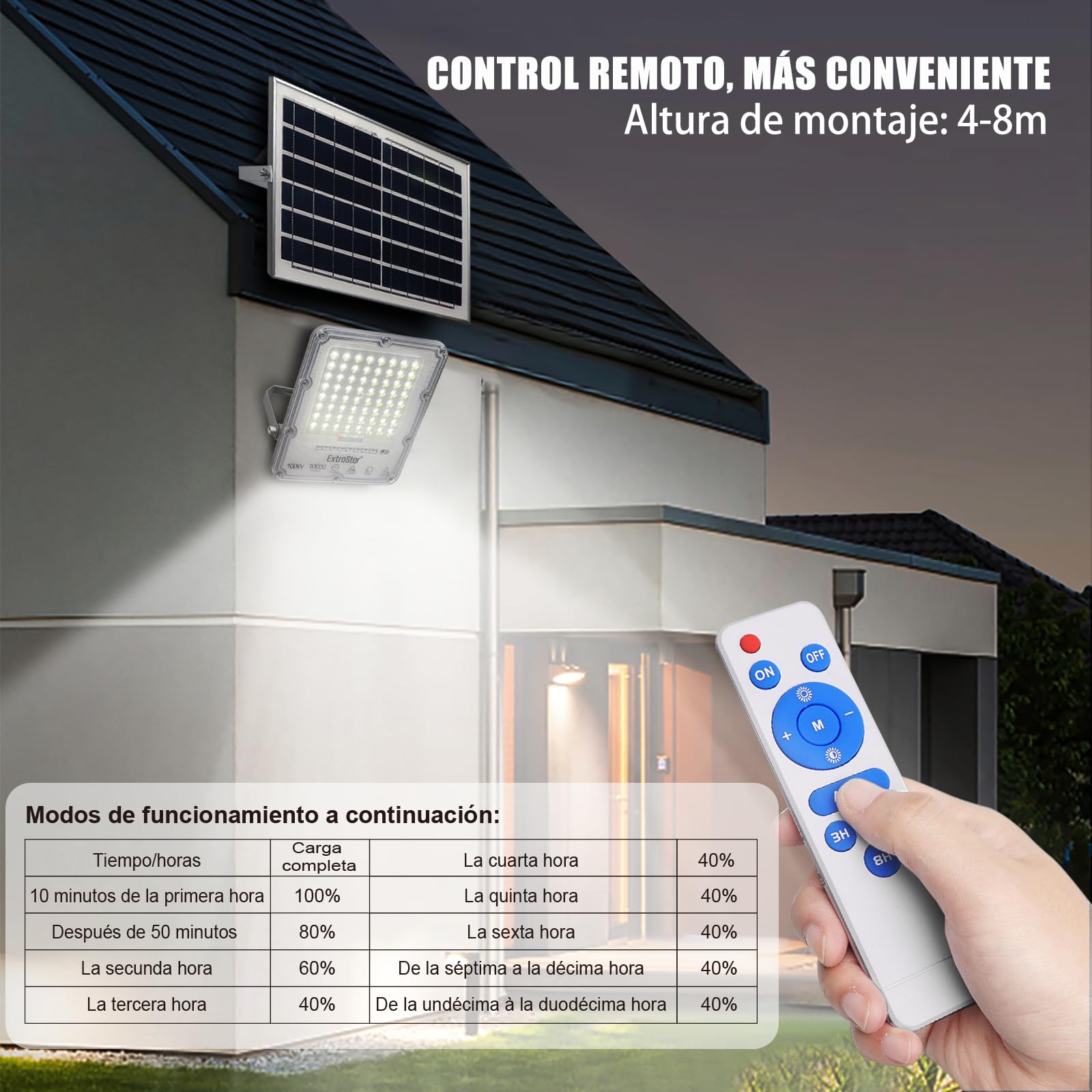 EXTRASTAR Foco Proyector LED Solar 100W con Mando a Distancia, Luz Blanca Fría 6500K, 10000Lm, Resistente al Agua IP67, para Exterior, Jardín, Patio, 1Pc