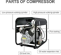 Vista 7 de TUXING Compresor de aire PCP de 4500 psi, coompresor de aire de tanque de buceo, bomba de alta presión de doble cilindro, versión de parada
