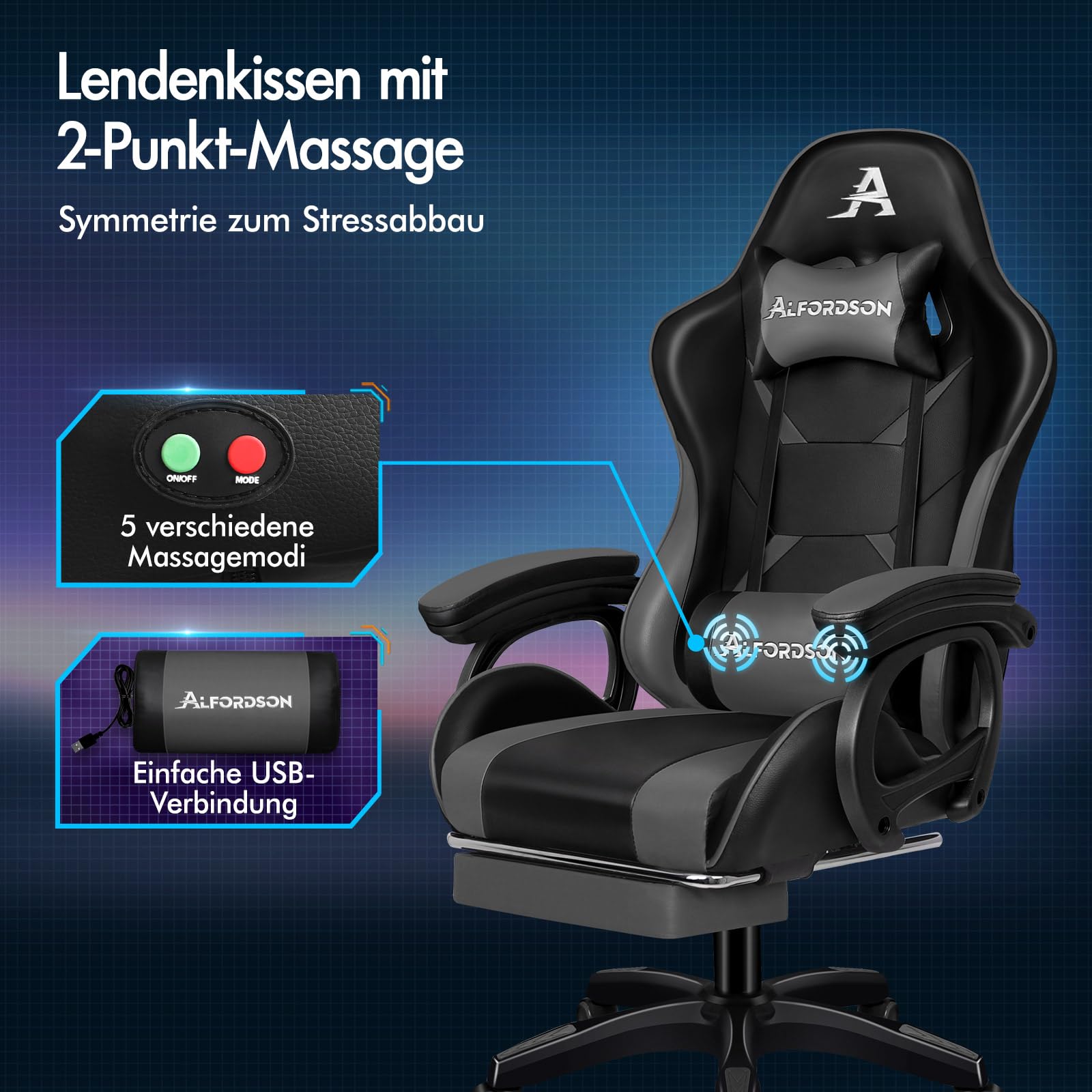 ALFORDSON Massage-Bürostuhl – Gaming & Executive Sitz In Leinenstoff, Grau, Verstellbar