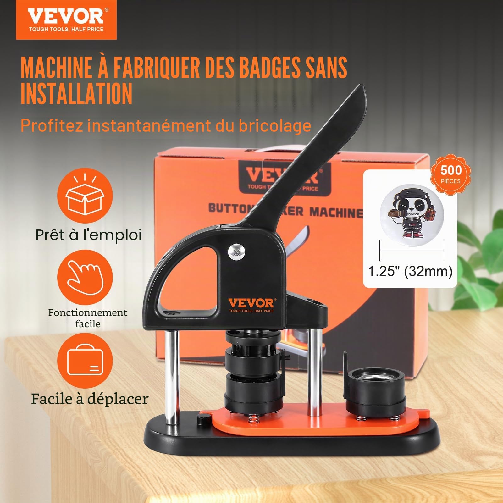 VEVOR Machine à Badges de 32 mm Presse à Badges avec 500 Kits de Consommables Livre Magique et Coupe-Cercle Machine à Fabriquer des Badges en Plastique Résistant pour Fabrication de Badges à Épingle