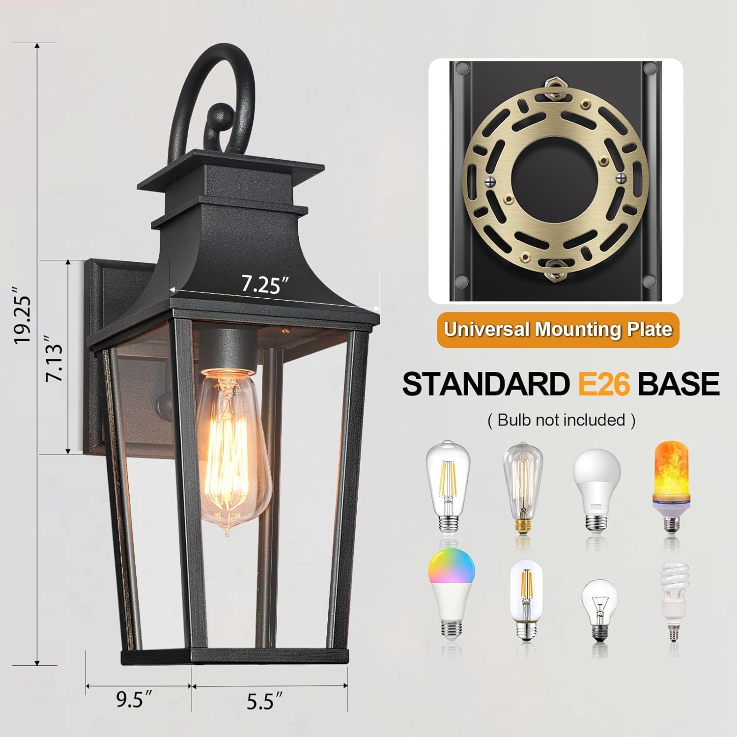 ALVIME 19 Inch Large Outdoor Wall Sconce, Matte Black Exterior Light Fixture, Waterproof Outside Lantern for House Front Door Entryway Porch Garage, E26 Base High Strength Clear Glass