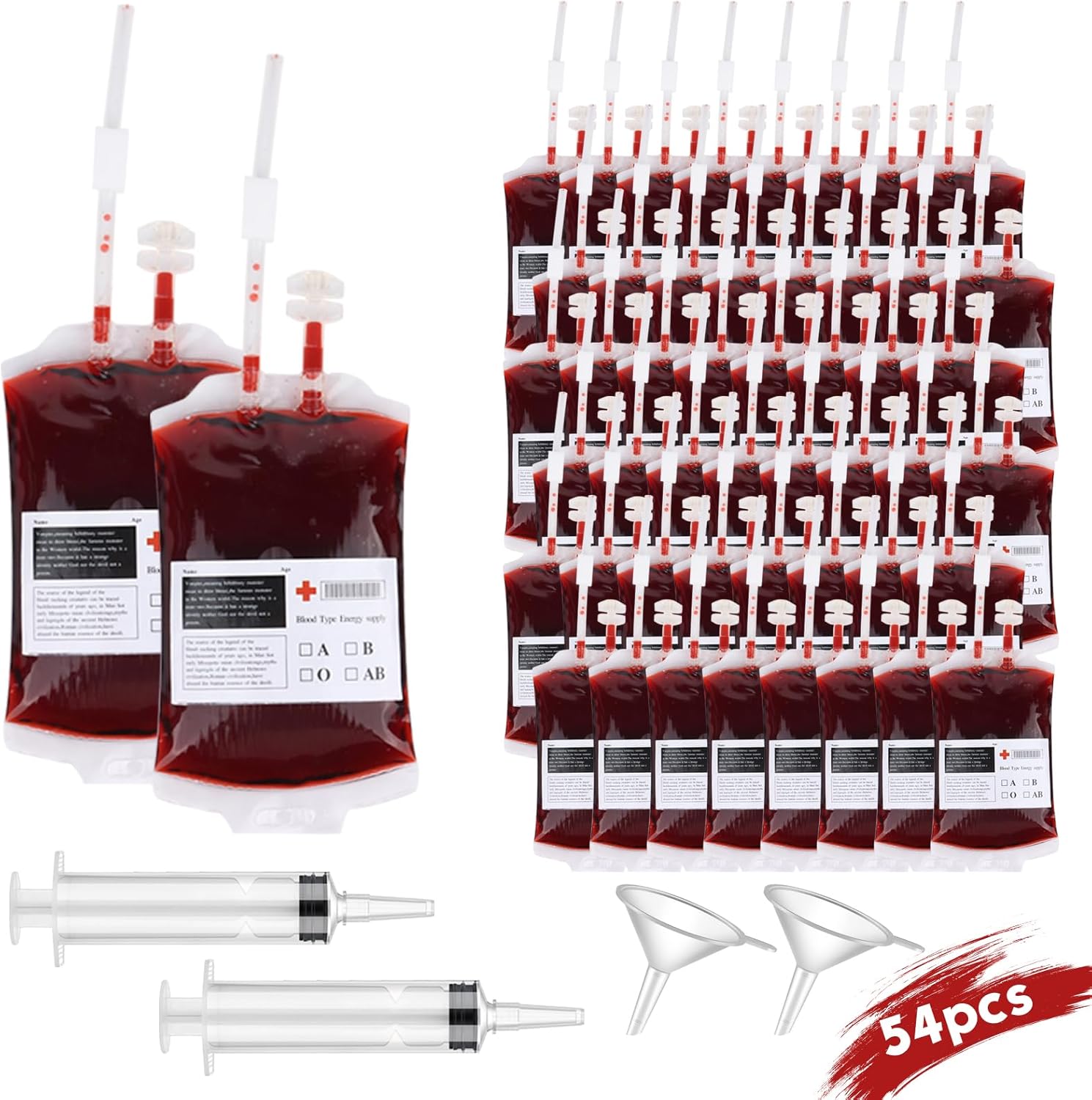 50 Pack 10-oz Blood Bags for Drinks, Halloween IV Bag for Drink Pouches, Reusable Fake Blood Bags with Syringe & Funnel for Masquerade,Vampire,Zombie,Nurse Graduation Party Props (Style2)