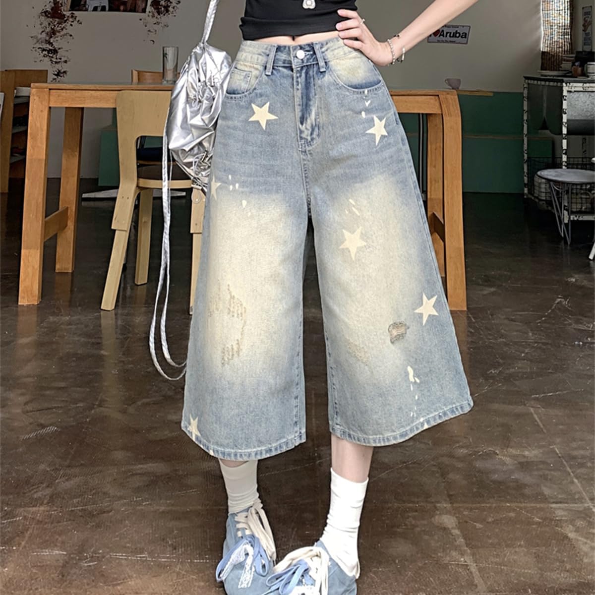 Fashion Vintage High Waisted Straight Leg Star Jeans Y2K Casual Cute Printed Gradual Baggy Pants for Women