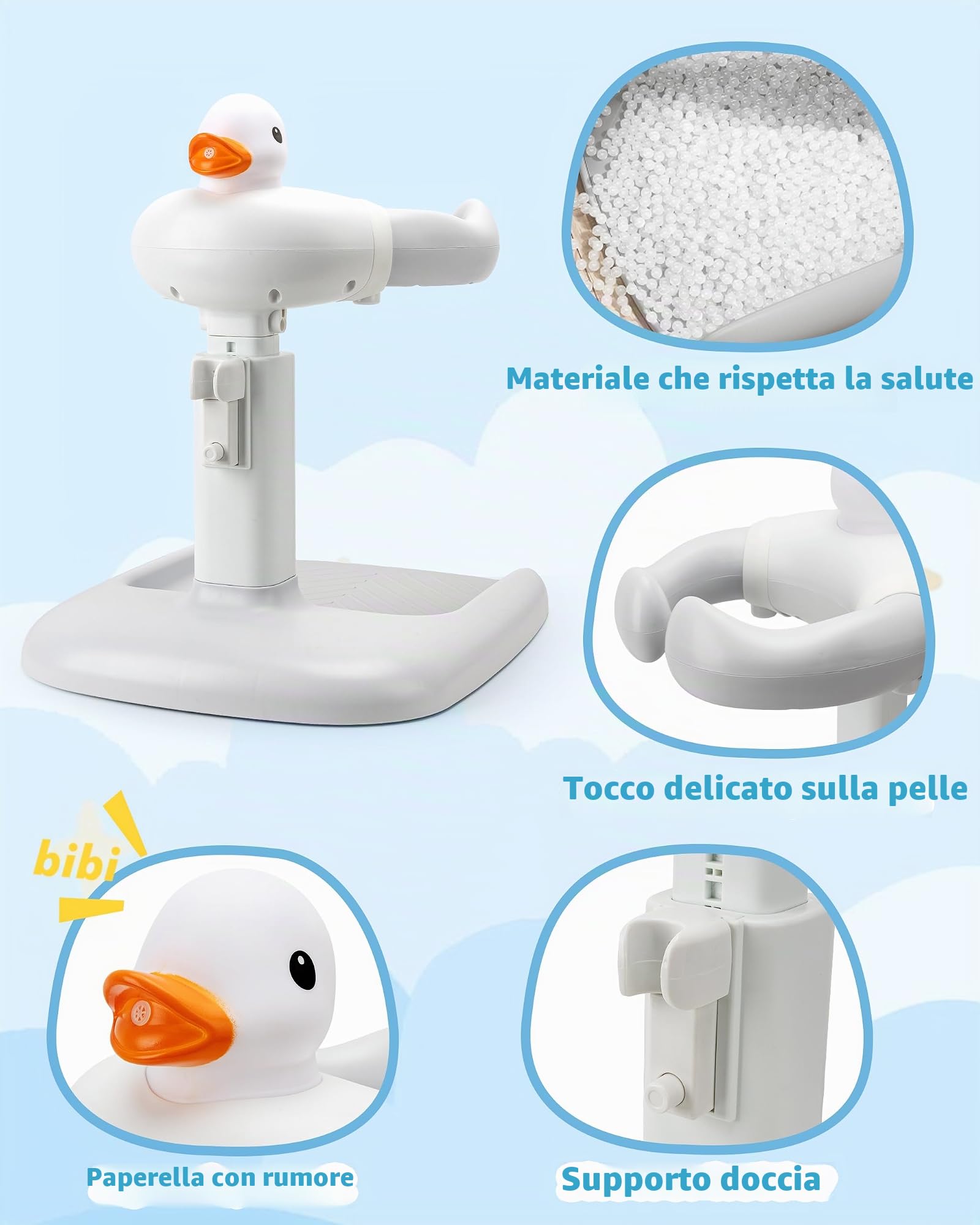 Struttura regolabile in altezza con sedile: cabina doccia con sedile per bambini dai 6 mesi in su. Base antiscivolo e design anatra