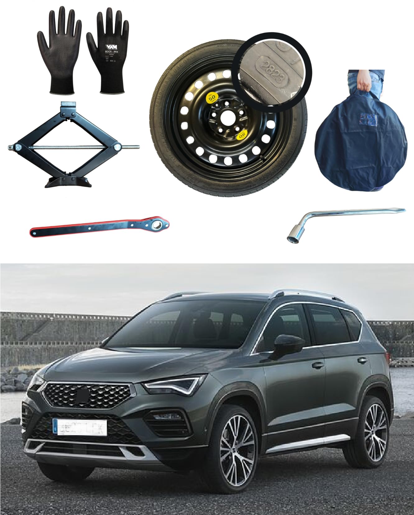 Kit de rueda de repuesto de 17 pulgadas, compatible con Seat Ateca con gato, llave, guantes y bolsa