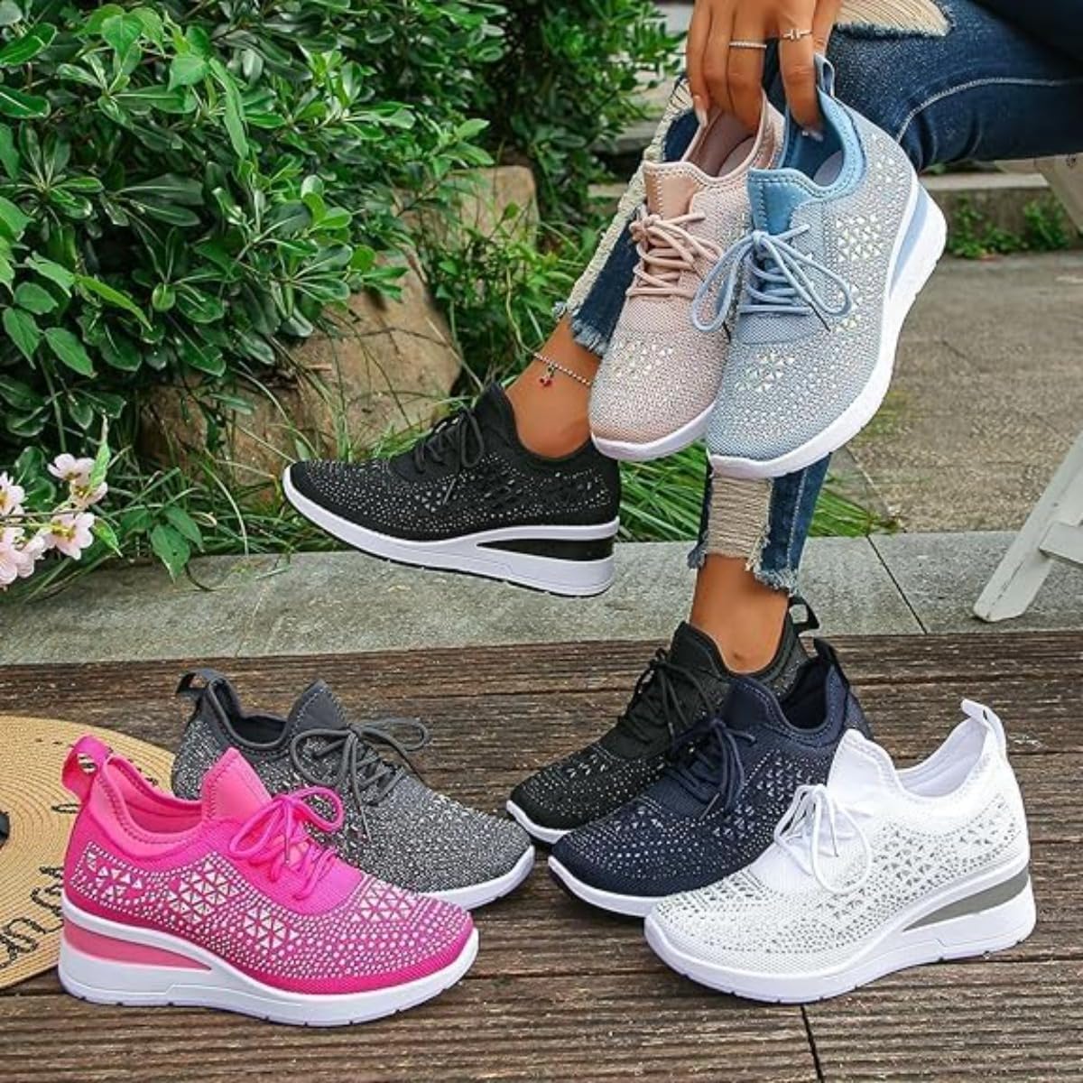 Tenis de cuña transpirables con diamantes de imitación brillantes para mujer, zapatos deportivos ortopédicos brillantes para boda, zapatos de tenis de punto