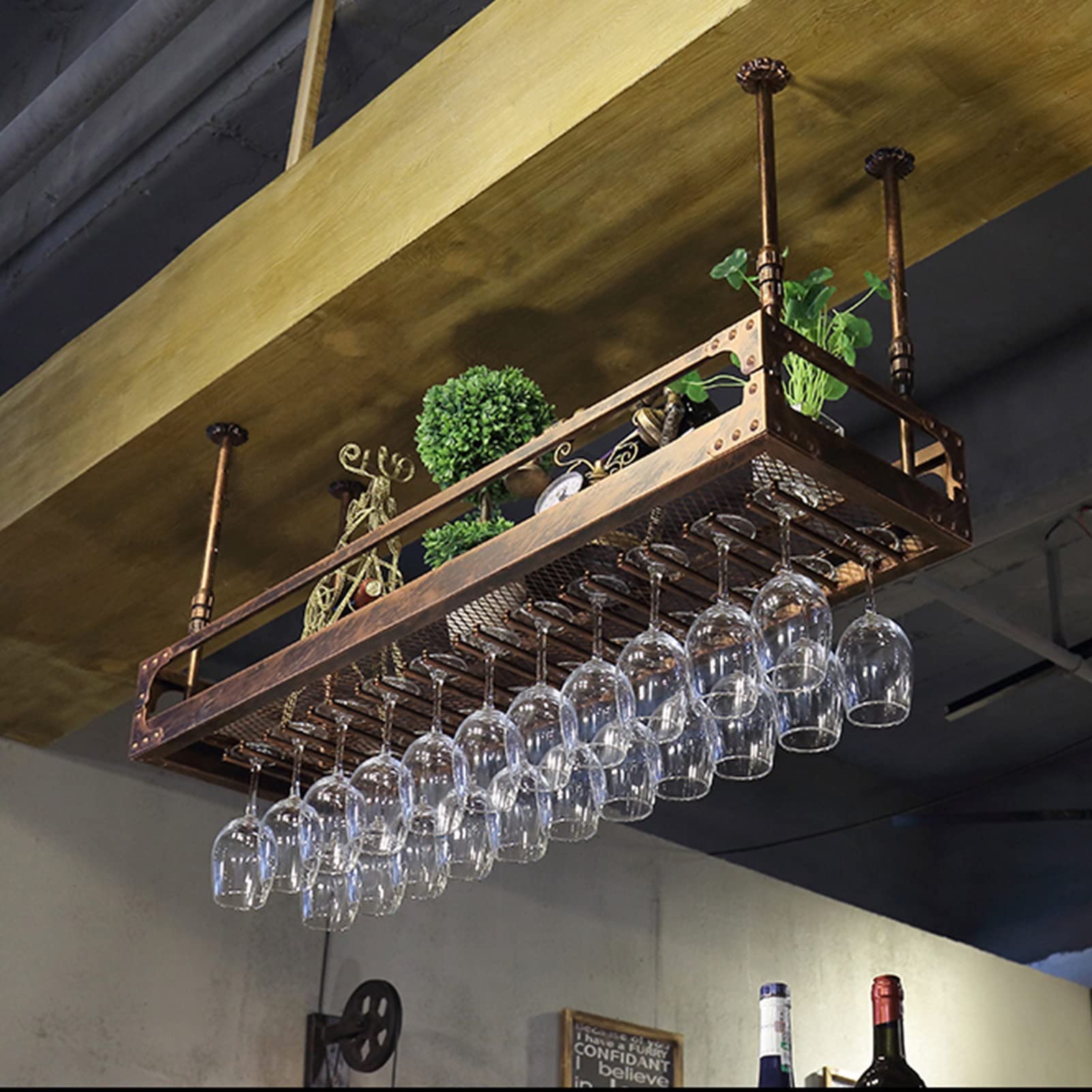 Casier à vin suspendu vintage 80x35cm avec porte-verre pour bar et cuisine
