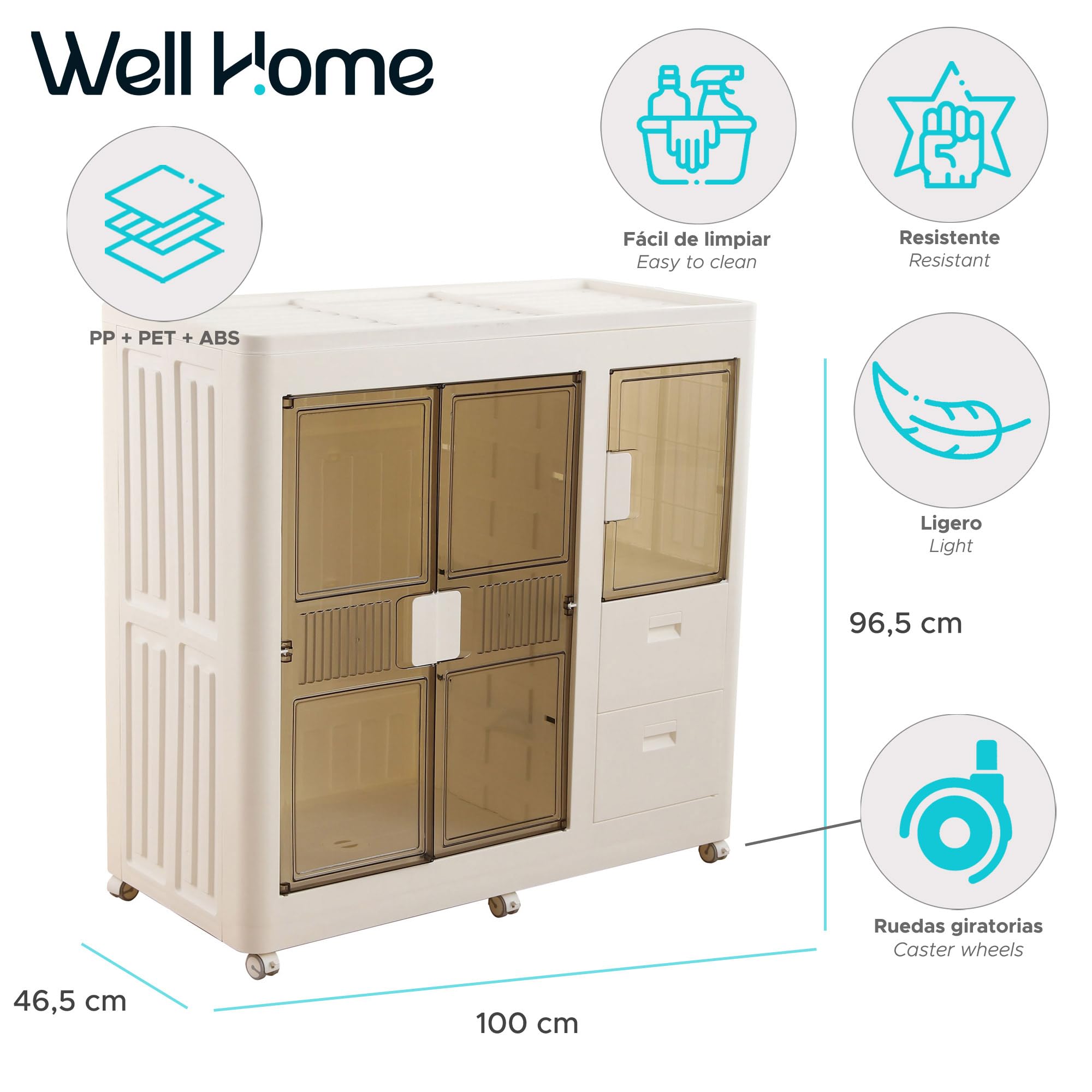 Well Home Cajas de almacenaje apilables con puerta frontal, Organizador modular plegable con ruedas, Modularidad eficiente, Multiespacios, Armario plegable con 2 Compartimentos y 2 Cajones