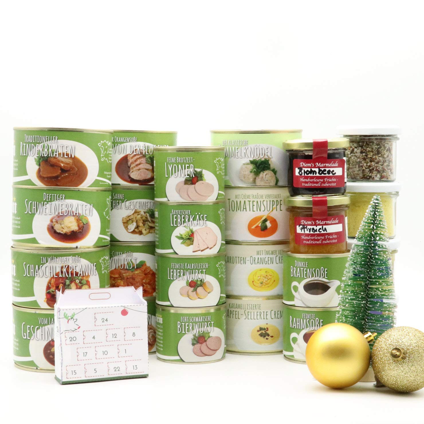 Feinkost Adventskalender Diem - 24 Feinkost Konserven, Marmeladen, Wurst, Suppen und Gewürze 6640g / 18,06€ / Kg