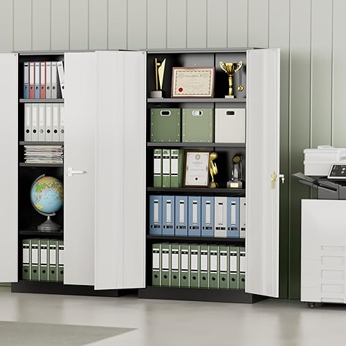 Vista 65 de INTERGREAT Armario de almacenamiento de metal, armarios de acero con cerradura de 72 pulgadas de alto con puertas de bloqueo, armario de Gris blanco