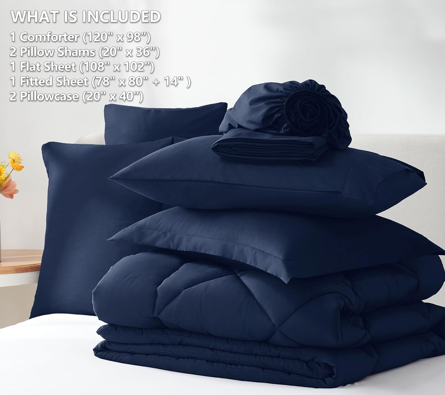 CozyLux Oversized King Comforter Set Navy Blue, 7 Pieces Bed in a Bag Comforter Set with Sheets Luxury Bed Set for All Seasons, Bedding Set with Down Alternative Comforter, Sheets, Pillowcases & Shams - Image 6