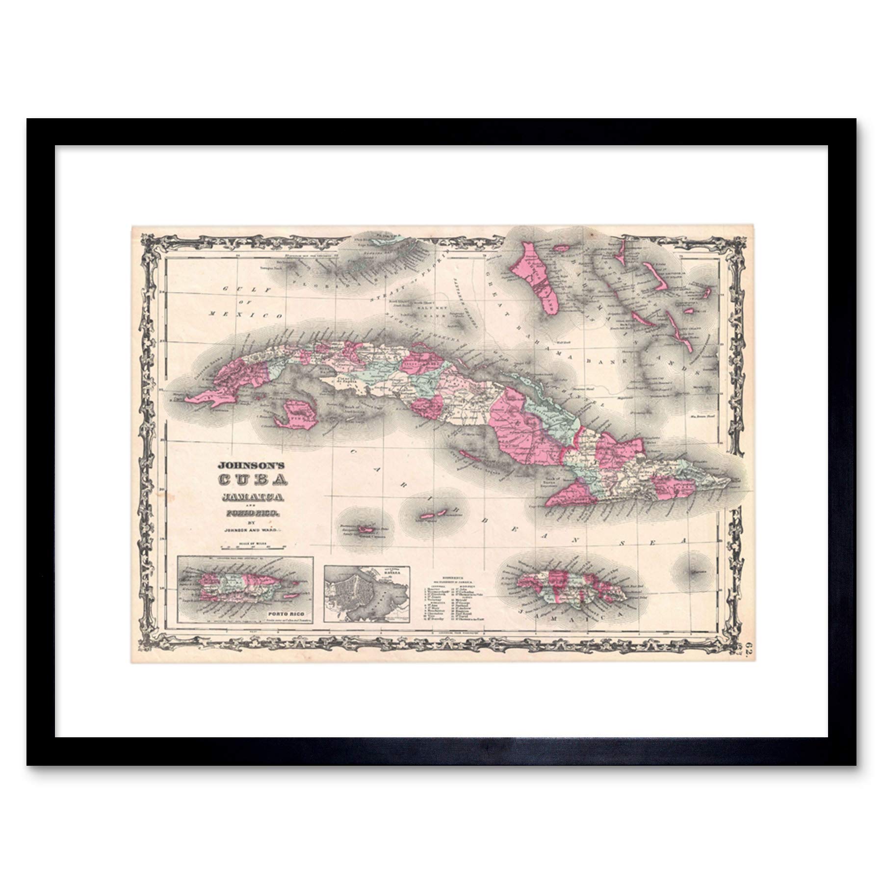 Wee Blue Coo Map Johnson 1862 Cuba Porto Rico Picture Framed Wall Art Print