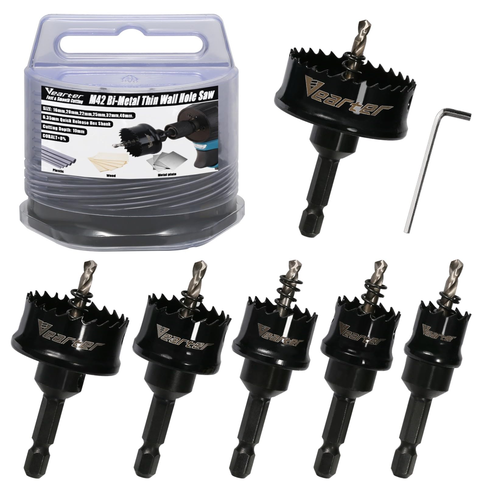 Vearter Bi-Metal Hole Saw Sets 6PCS, 16-40mm Cobalt M42 Bimetal Circular Hole Drill Kit Hex Shank